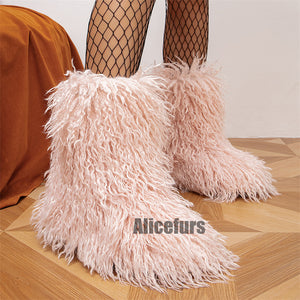 faux lamb fur boots winter curly long hair booties for women in pink Alicefurs