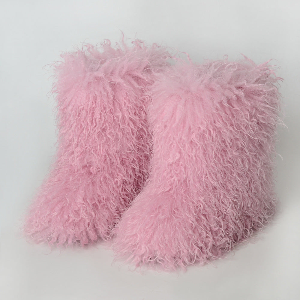 Botas de piel sintética de cordero para mujer, botines de pelo largo rizado para invierno