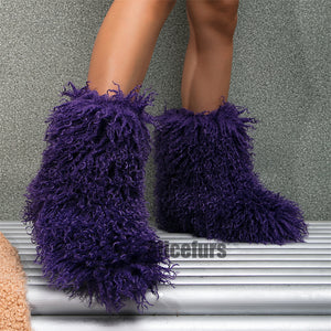 faux lamb fur boots winter curly long hair booties for women in purple 1 Alicefurs