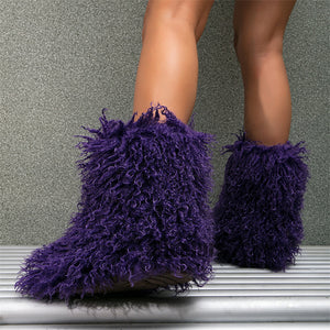 faux lamb fur boots winter curly long hair booties for women in purple 2 Alicefurs
