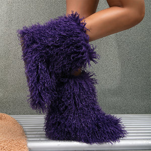 faux lamb fur boots winter curly long hair booties for women in purple Alicefurs