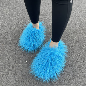 faux lamb fur slippers for women in blue Alicefurs