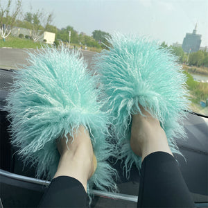 faux lamb fur slippers for women in mint green 1 Alicefurs