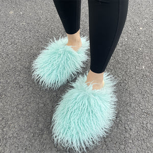 faux lamb fur slippers for women in mint green Alicefurs