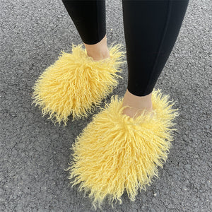 faux lamb fur slippers for women in yellow Alicefurs
