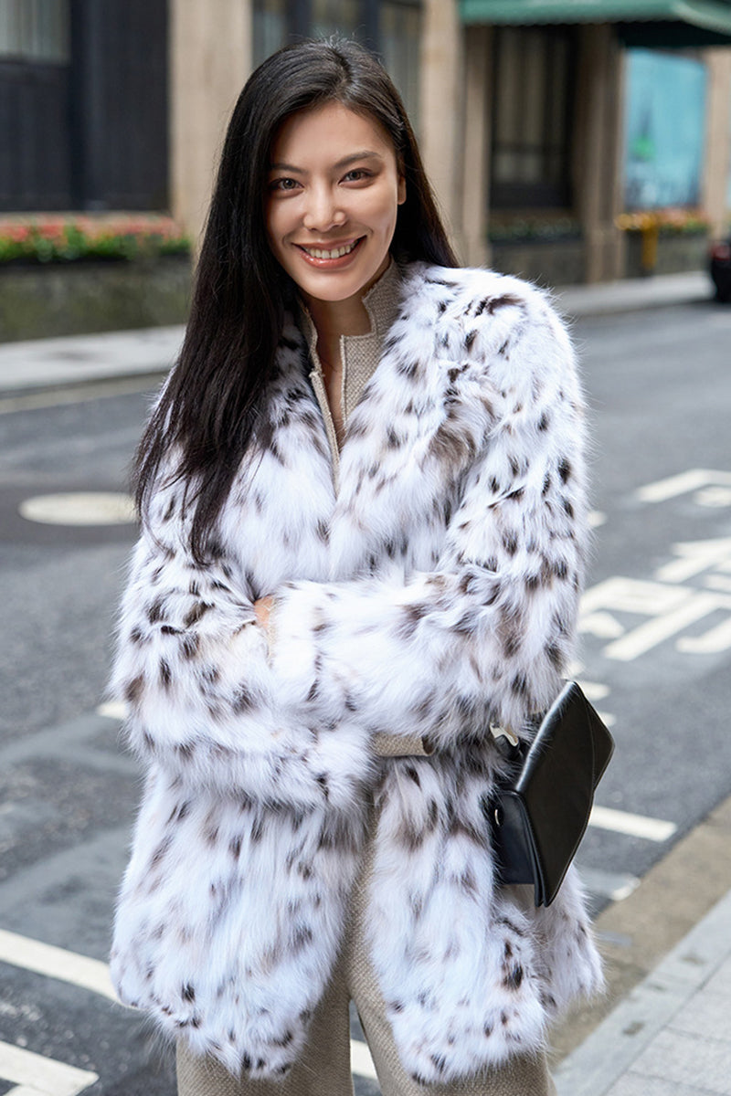 Faux Lynx Fur Coat Luxury Animal Print Fluffy Jacket for Women