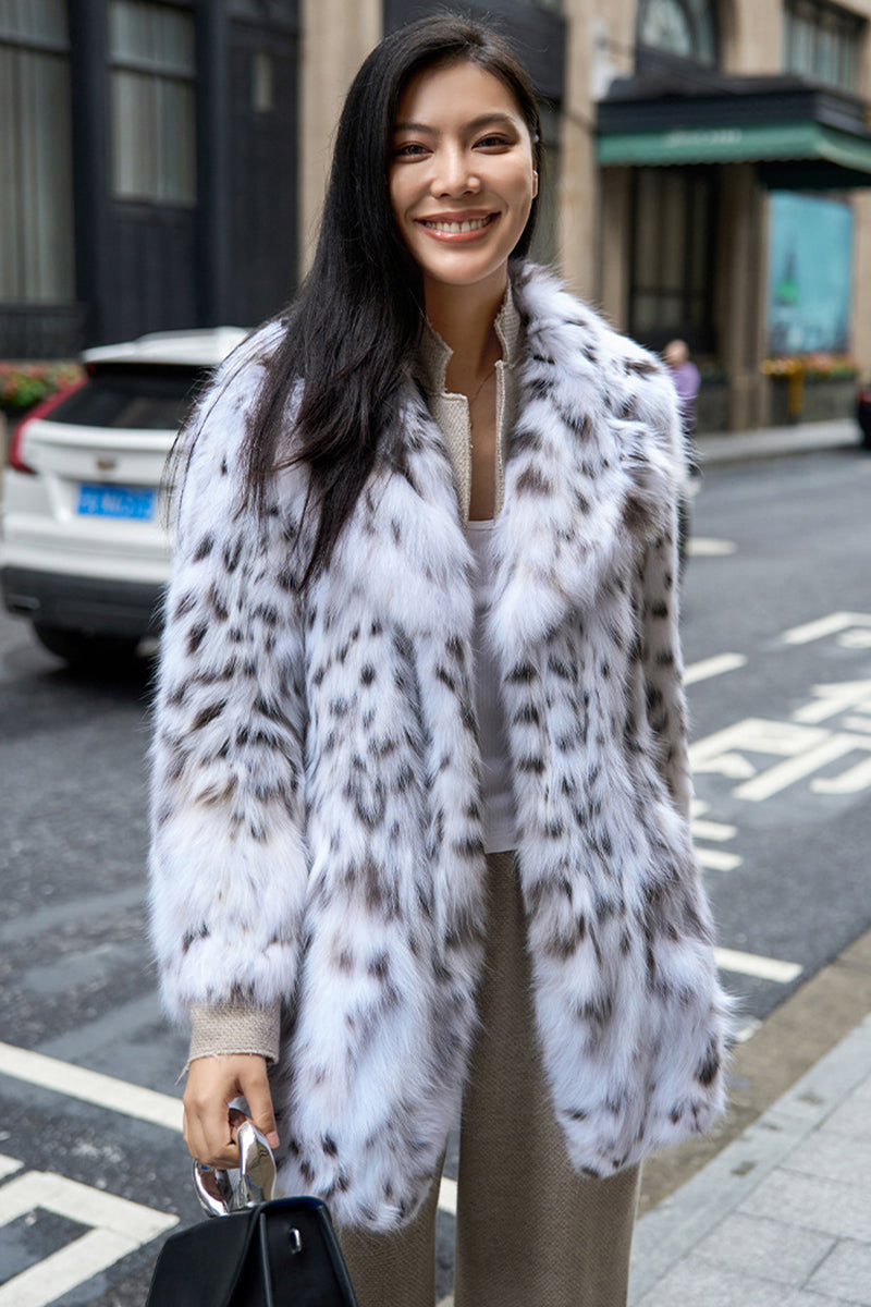 Faux Lynx Fur Coat Luxury Animal Print Fluffy Jacket for Women