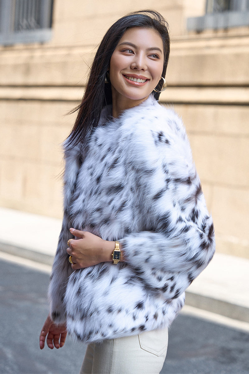 Faux Lynx Fur Jacket White Spotted Furry Outerwear for Women