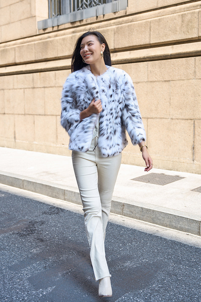 Faux Lynx Fur Jacket White Spotted Furry Outerwear for Women