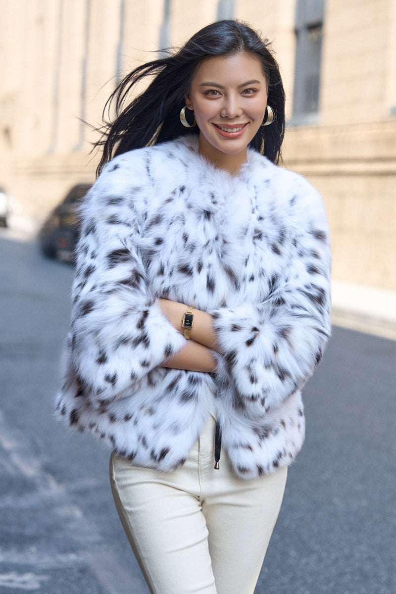 Faux Lynx Fur Jacket White Spotted Furry Outerwear for Women
