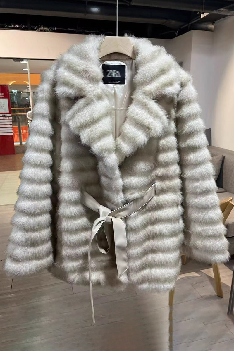 Faux Mink Coat Belted Mid Length Fluffy Outwear for Women