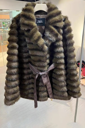 faux mink coat belted mid length fluffy outwear for women in brown 1 Alicefurs