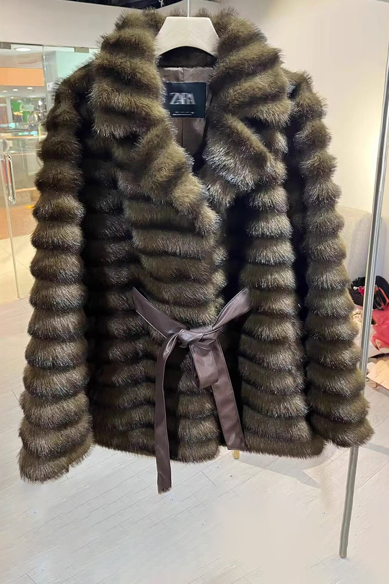 Faux Mink Coat Belted Mid Length Fluffy Outwear for Women