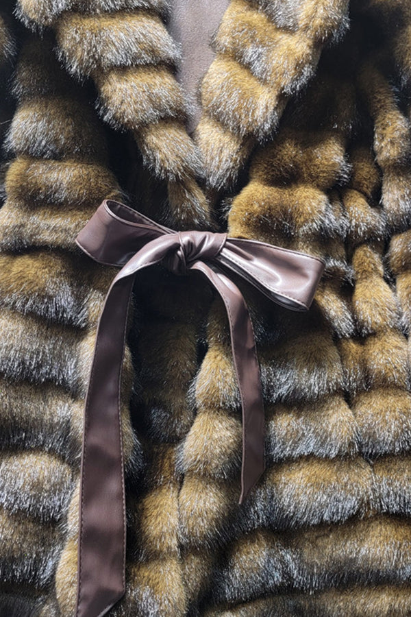 Faux Mink Coat Belted Mid Length Fluffy Outwear for Women