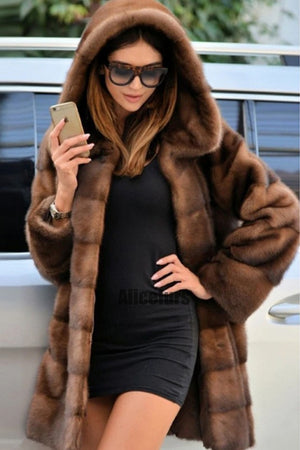 faux mink coat long hooded fuzzy overcoat for women in coffee 2 Alicefurs