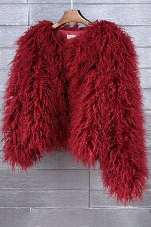faux mongolian fur jacket womens short shaggy outerwear in burgundy 1 Alicefurs
