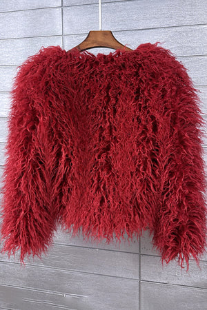 faux mongolian fur jacket womens short shaggy outerwear in burgundy 2 Alicefurs
