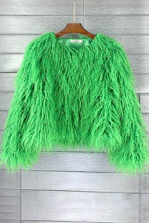 faux mongolian fur jacket womens short shaggy outerwear in green Alicefurs