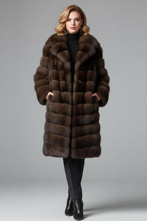 faux sable fur coat long vintage fluffy overcoat for women in mid length front view worn by model Alicefurs