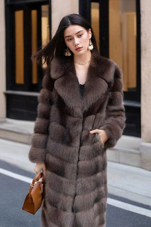 faux sable fur coat long vintage fluffy overcoat for women front view Alicefurs