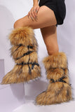 Flat Knee High Fur Boots with Wrap Buckle Straps