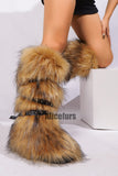 Flat Knee High Fur Boots with Wrap Buckle Straps