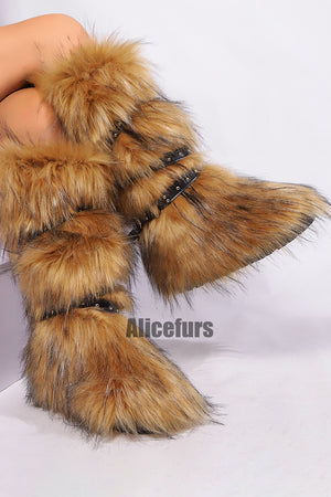 flat knee high fur boots with wrap buckle straps in brown 3 Alicefurs