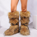 flat knee high fur boots with wrap buckle straps in brown 5 Alicefurs