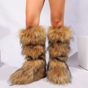 flat knee high fur boots with wrap buckle straps in brown 5 Alicefurs