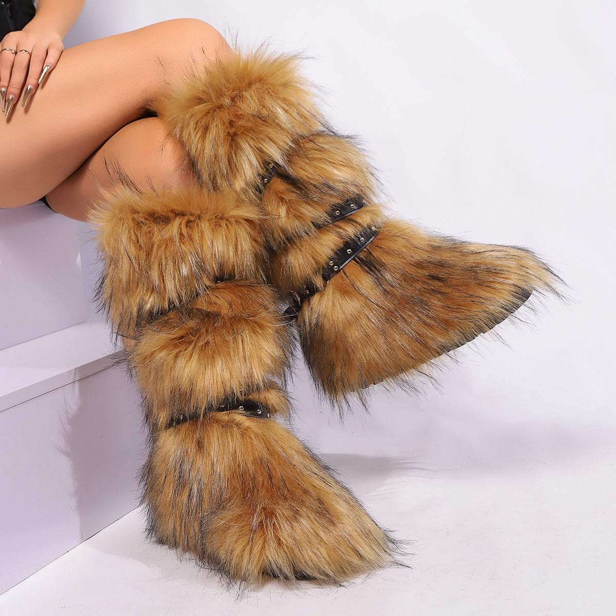 Flat Knee High Fur Boots with Wrap Buckle Straps