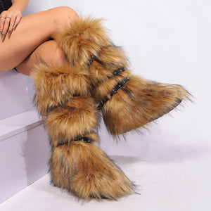 flat knee high fur boots with wrap buckle straps in brown 6 Alicefurs