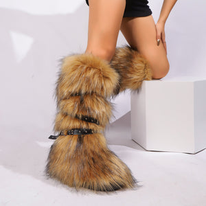flat knee high fur boots with wrap buckle straps in brown 8 Alicefurs