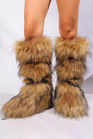 flat knee high fur boots with wrap buckle straps in brown Alicefurs
