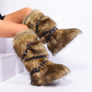 flat knee high fur boots with wrap buckle straps in raccoon brown 6 Alicefurs