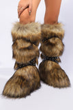 Flat Knee High Fur Boots with Wrap Buckle Straps