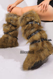 Flat Knee High Fur Boots with Wrap Buckle Straps