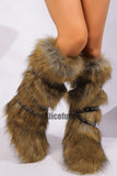 Flat Knee High Fur Boots with Wrap Buckle Straps