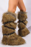 Flat Knee High Fur Boots with Wrap Buckle Straps