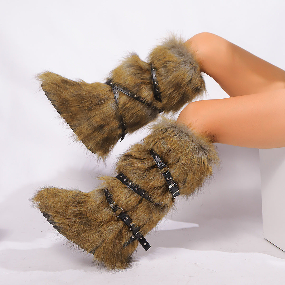 Flat Knee High Fur Boots with Wrap Buckle Straps
