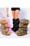 Flat Knee High Fur Boots with Wrap Buckle Straps