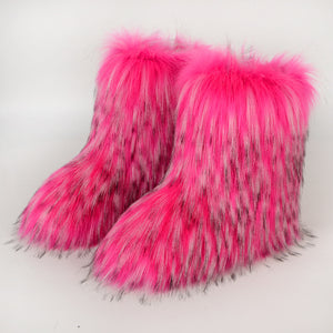 fluffy boots winter mid calf fur booties for women in fuchsia Alicefurs