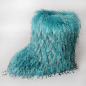 fluffy boots winter mid calf fur booties for women in ocean blue 1 Alicefurs