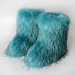 fluffy boots winter mid calf fur booties for women in ocean blue Alicefurs