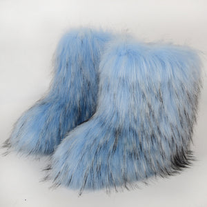 fluffy boots winter mid calf fur booties for women in sky blue Alicefurs