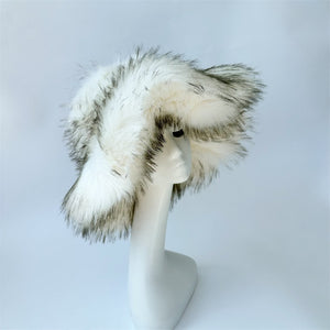 fluffy bucket hat in wide brim for women in blackish white Alicefurs