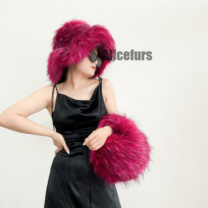 fluffy bucket hat in wide brim for women in hot pink 1 Alicefurs