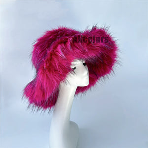 fluffy bucket hat in wide brim for women in hot pink Alicefurs