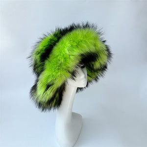 fluffy bucket hat in wide brim for women in neon green 1 Alicefurs