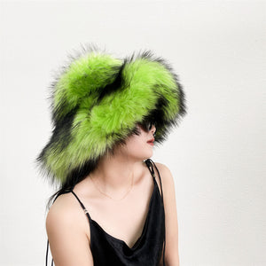 fluffy bucket hat in wide brim for women in neon green Alicefurs