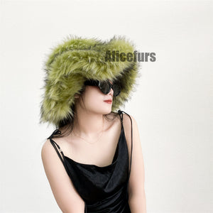 fluffy bucket hat in wide brim for women in olive green 1 Alicefurs